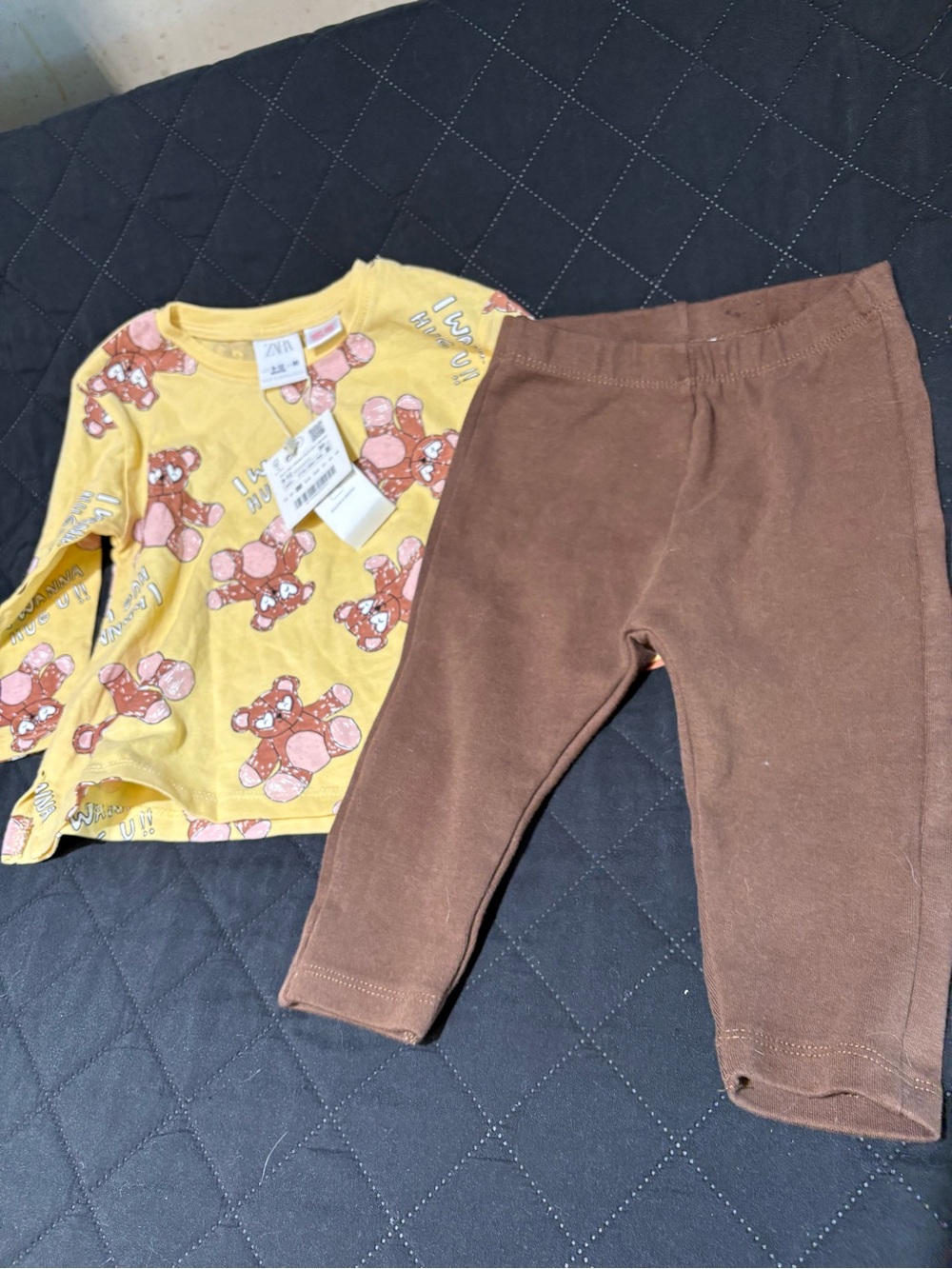 Zara Yellow Bear I wanna hug u Top with Brown Leggings Set 9-12M